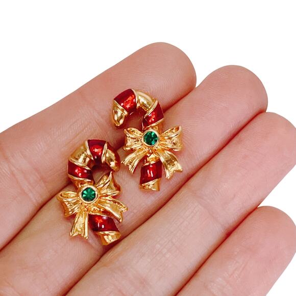 VTG Avon Signed Christmas Candy Cane Earrings Gold Tone Red Enamel Green Stone - Picture 3 of 10